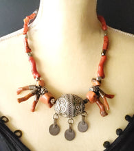 Load image into Gallery viewer, Antique Moroccan Red Coral Silver Enameled Ball Pendent with Coin necklace ,Berber Necklaces,Ethnic Jewelry,Tribal Jewelry
