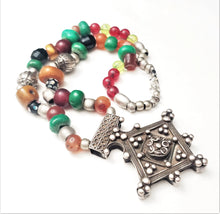 Load image into Gallery viewer, antique Berber silver Cross Amber trade beads necklace,Hand Crafted Silver,Pendants Necklace,Ethnic Jewelry,Tribal Jewelry
