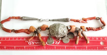 Load image into Gallery viewer, Antique Moroccan Red Coral Silver Enameled Ball Pendent with Coin necklace ,Berber Necklaces,Ethnic Jewelry,Tribal Jewelry
