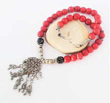Load image into Gallery viewer, Antique Yemen silver Dangle Filigree Red Beads Necklace,trade beads, Ethiopian necklace, Ethiopian trade beads, Filigree Necklace
