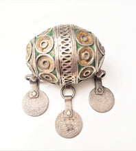 Load image into Gallery viewer, Antique Moroccan Enameled Silver Ball Pendent with Coin PendantHand Crafted Silver,Pendants Necklace,Ethnic Jewelry,Tribal Jewelry
