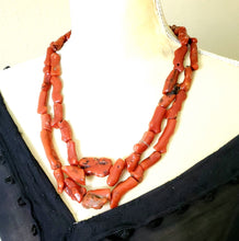 Load image into Gallery viewer, Antique Berber Natural Branch tow strand Red Coral Beads Morocco 225 gr,Hand Crafted ,Red Coral Necklace,Ethnic Coral ,Tribal Jewelry
