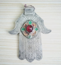 Load image into Gallery viewer, Moroccan Old Silver &amp; Enamel Hand of Fatima Hamsa Pendant Amulet,Berber Jewelry,African Jewelry,Moroccan Jewelry,Hand of Fatima Charm,
