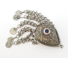 Load image into Gallery viewer, Antique Moroccan Silver enamel Berber Teardrop Pendant with dangle coins, Berber Amulet,Berber Jewelry,African Jewelry,Charm Pendant,
