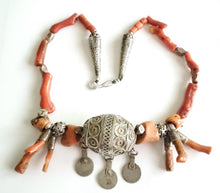 Load image into Gallery viewer, Antique Moroccan Red Coral Silver Enameled Ball Pendent with Coin necklace ,Berber Necklaces,Ethnic Jewelry,Tribal Jewelry

