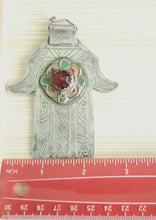 Load image into Gallery viewer, Moroccan Old Silver &amp; Enamel Hand of Fatima Hamsa Pendant Amulet,Berber Jewelry,African Jewelry,Moroccan Jewelry,Hand of Fatima Charm,
