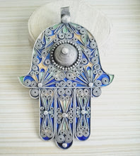 Load image into Gallery viewer, Moroccan Huge Enamel Silver Hand of Fatima Hamsa Pendant Amulet,Berber Jewelry, Enamel Jewelry,Moroccan Jewelry,Hand of Fatima Charm,
