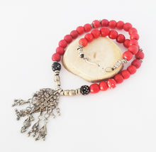 Load image into Gallery viewer, Antique Yemen silver Dangle Filigree Red Beads Necklace,trade beads, Ethiopian necklace, Ethiopian trade beads, Filigree Necklace
