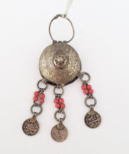 Load image into Gallery viewer, antique Moroccan silver chased circular talisman box three pendants, Berber Amulet,Berber Jewelry,African Jewelry,Charm Pendant,
