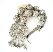 Load image into Gallery viewer, large silver Antique Bedouin filigree silver dangles pendant necklace with old Yemeni hallmarked beads ,circa 1920s ethnic tribal,

