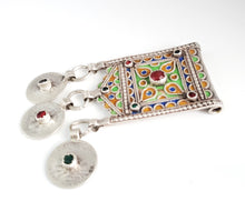 Load image into Gallery viewer, Antique Berber Silver enamel HIRZ cabochon Amulet Pendant coins ,silver 925, Moroccan Amulet ,Berber Jewelry,TIZNIT Jewelry,

