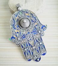 Load image into Gallery viewer, Moroccan Huge Enamel Silver Hand of Fatima Hamsa Pendant Amulet,Berber Jewelry, Enamel Jewelry,Moroccan Jewelry,Hand of Fatima Charm,

