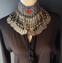 Load image into Gallery viewer, Old silver choker necklace from Pashtun tribal jewellery Ethnic Afghani kuci choker, old coins necklace, Boho tribal jewelry, gypsy style,
