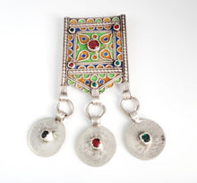 Load image into Gallery viewer, Antique Berber Silver enamel HIRZ cabochon Amulet Pendant coins ,silver 925, Moroccan Amulet ,Berber Jewelry,TIZNIT Jewelry,
