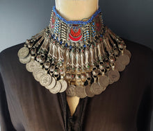 Load image into Gallery viewer, Old silver choker necklace from Pashtun tribal jewellery Ethnic Afghani kuci choker, old coins necklace, Boho tribal jewelry, gypsy style,
