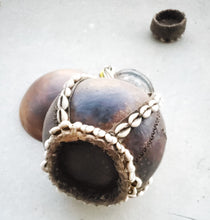 Load image into Gallery viewer, Antique Ethiopian Tribal Hand carved Wood Milk Samburu Black Wood Shells Milk Jug African Decor, ,Art Décor,Home Décor, religious art
