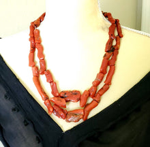 Load image into Gallery viewer, Antique Berber Natural Branch tow strand Red Coral Beads Morocco 225 gr,Hand Crafted ,Red Coral Necklace,Ethnic Coral ,Tribal Jewelry
