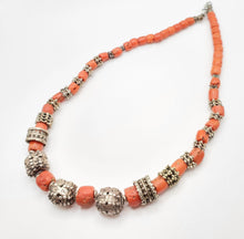 Load image into Gallery viewer, Antique Silver Bawsani filigree coral beads Necklace form Yemen tribal jewelry, filigree beads,yemene jwellery
