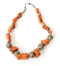 Load image into Gallery viewer, Antique Silver Bawsani filigree coral beads Necklace form Yemen tribal jewelry
