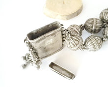 Load image into Gallery viewer, large silver Antique Bedouin filigree silver dangles pendant necklace with old Yemeni hallmarked beads ,circa 1920s ethnic tribal,

