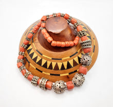 Load image into Gallery viewer, Antique Silver Bawsani filigree coral beads Necklace form Yemen tribal jewelry, filigree beads,yemene jwellery

